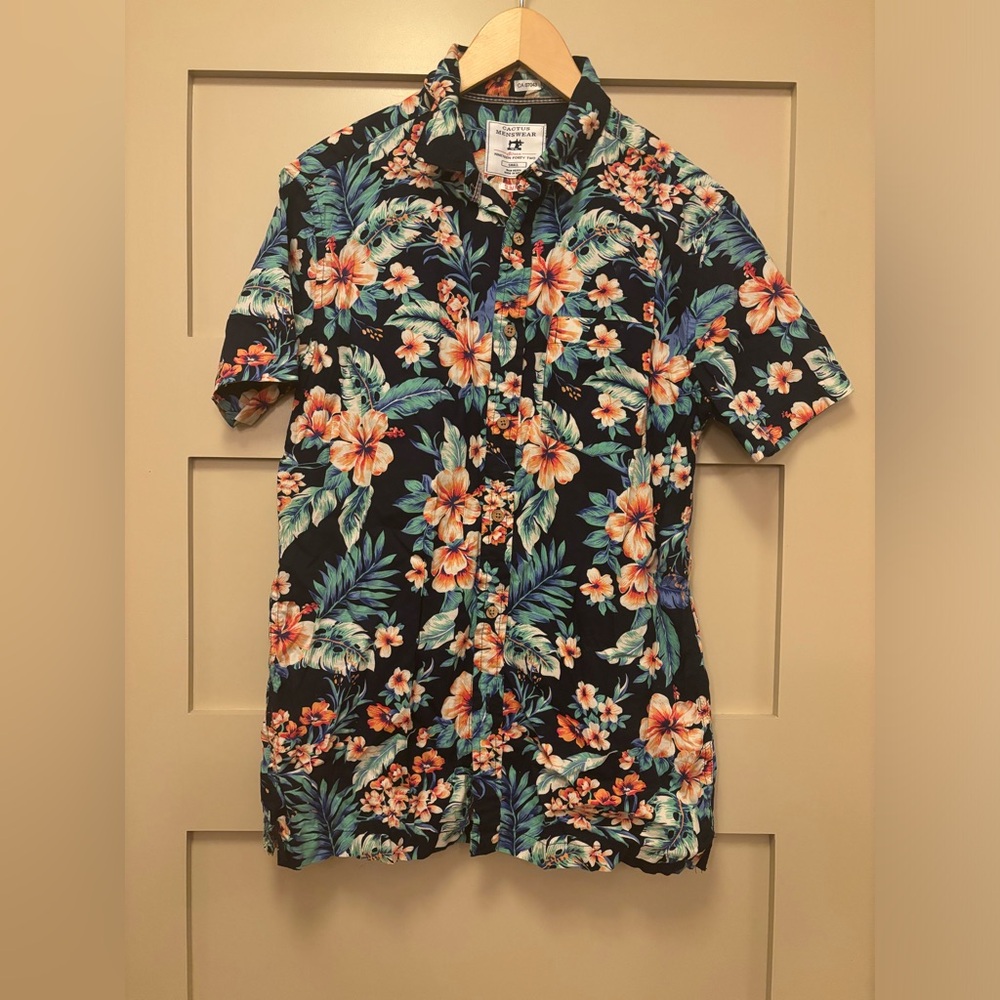 CACTUS Cotton Short Sleeve Shirt Hawaiian Print Hibiscus Floral Tropical Pocket